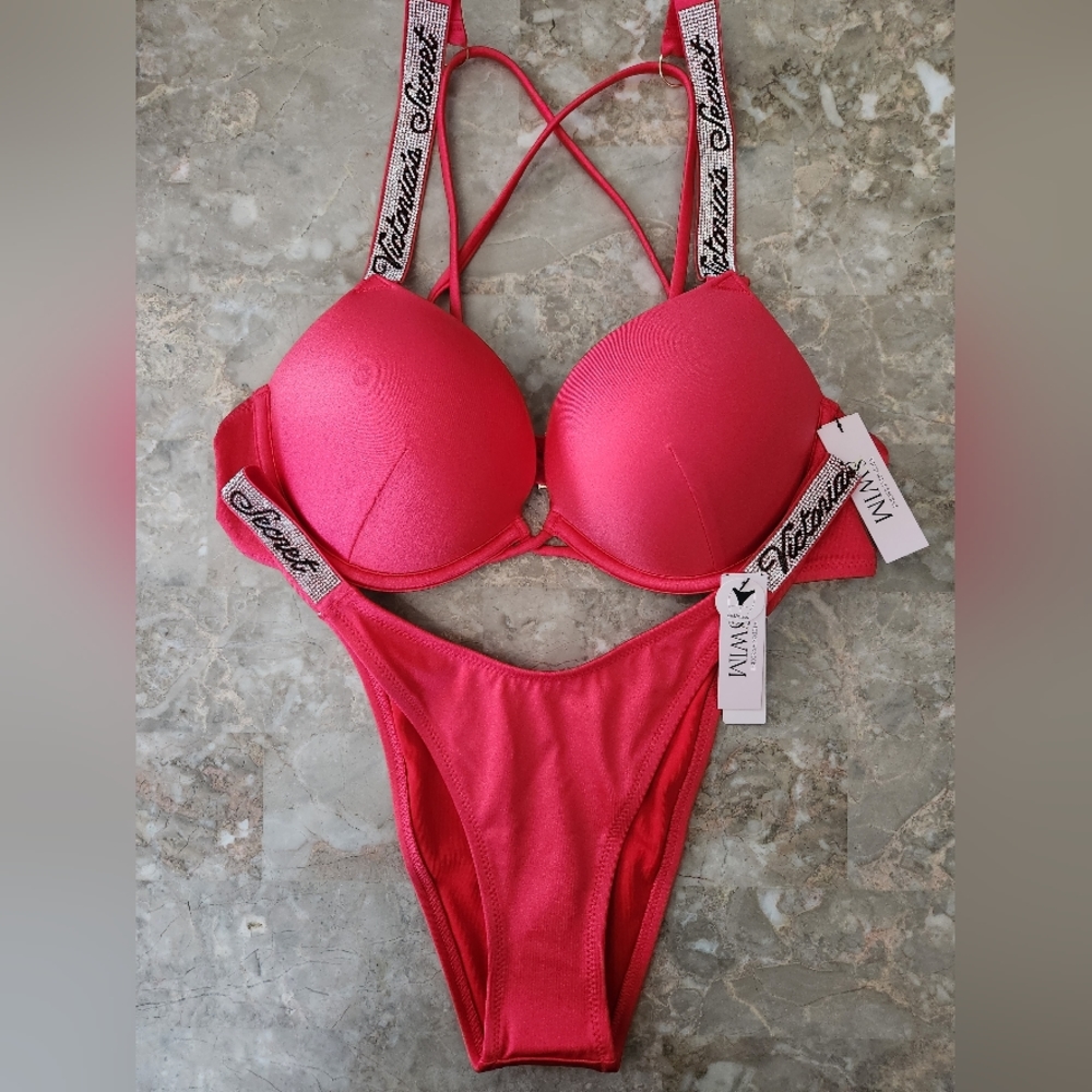 36D/M/L VS Swim Shine Strap Bombshell PushUp  Bikini Top Brazilian Bikini Set